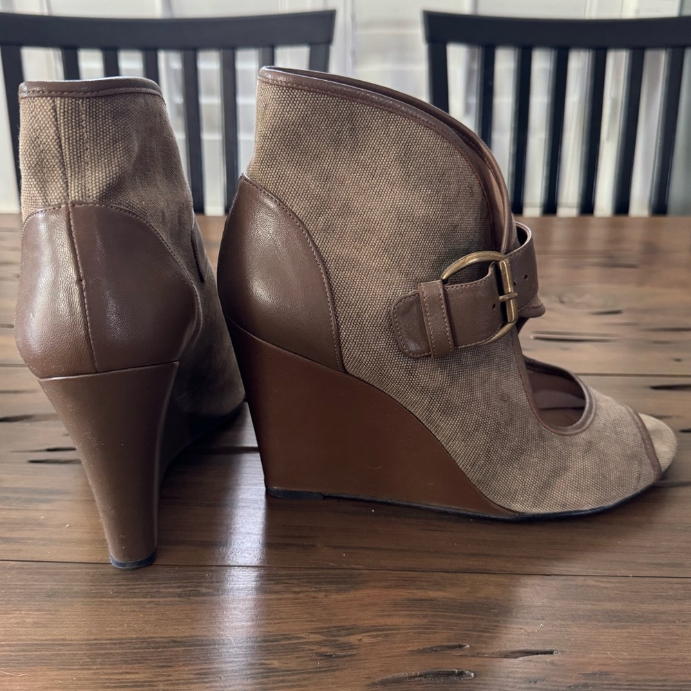 Stuart Weitzman Peep-Toe Wedge Booties | Size 10 | Taupe Canvas + Leather
